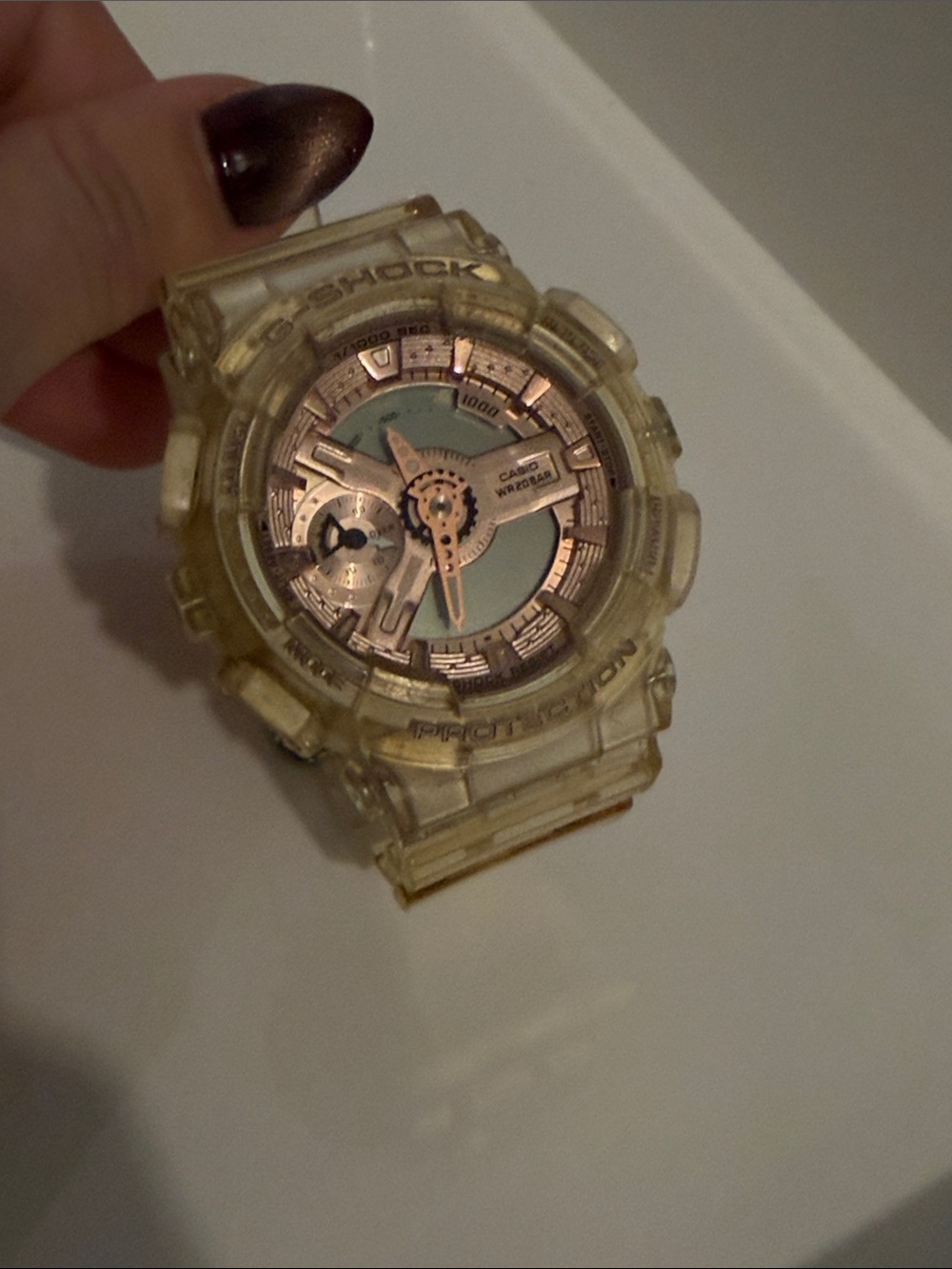Casio G-Shock Transparent Yellow Resin Watch with Rose-Gold Dial Accents